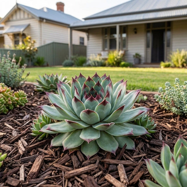 Mint Marvel Houseleek (Sempervivum 'Mint Marvel') growing in a mulched garden bed in front of an Australian home