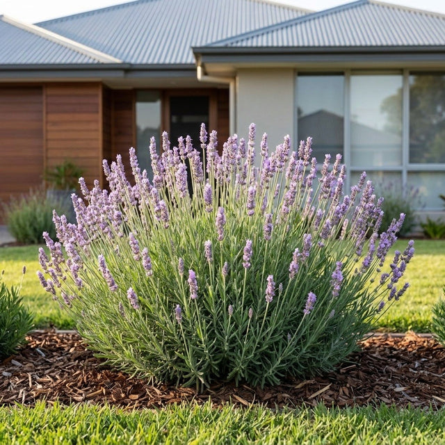 Miss Muffet English Lavender (Lavandula angustifolia 'Miss Muffet') growing in a mulched garden bed in front of an Australian home