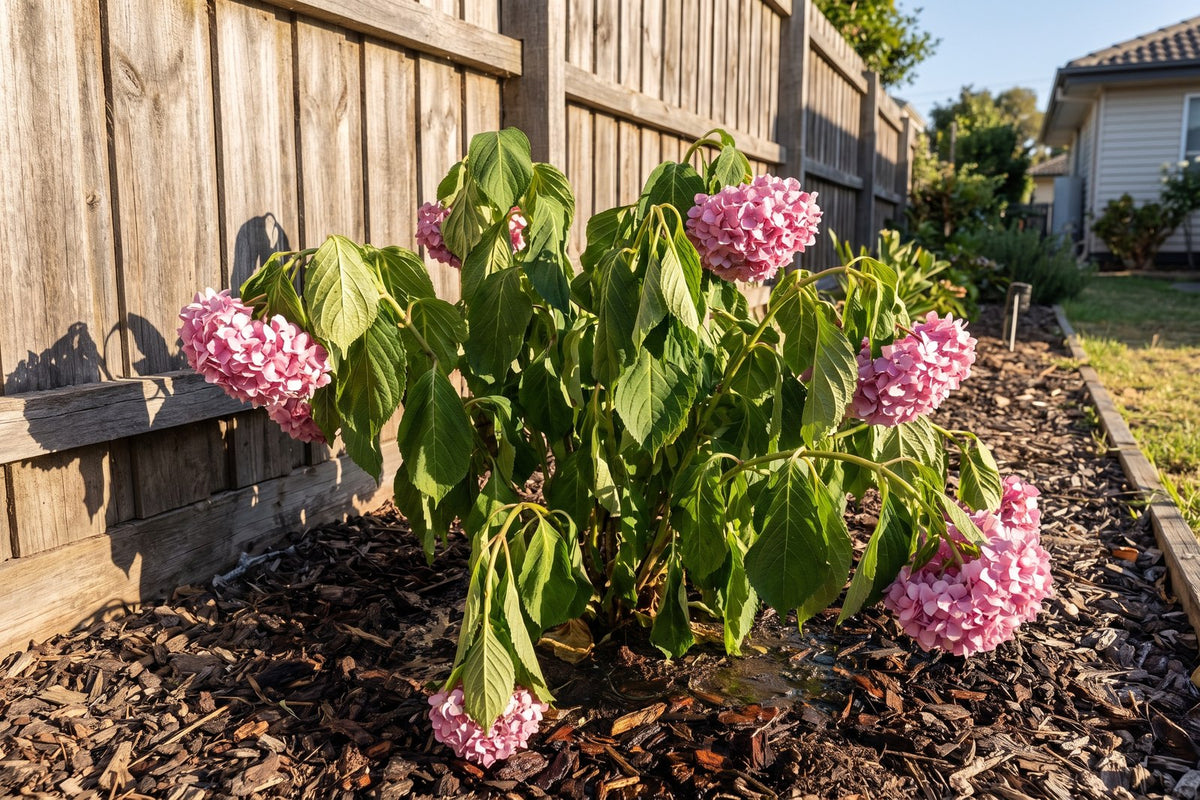 Mophead hydrangea wilting in hot afternoon sun with limp leaves and drooping flower heads