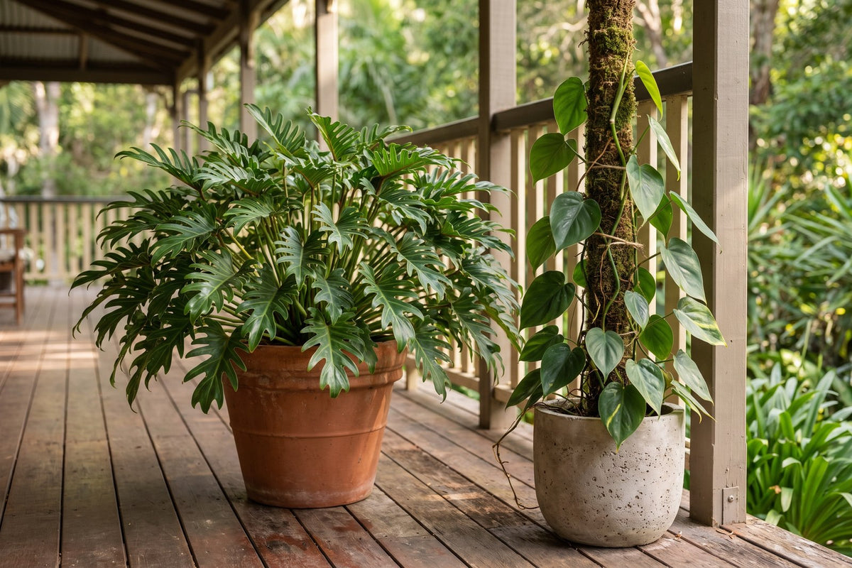 Mounding Philodendron xanadu beside a climbing heartleaf philodendron on a moss pole