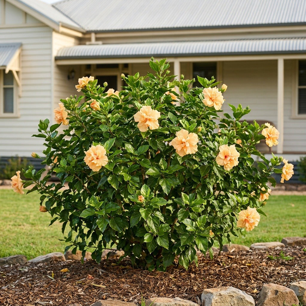 Mrs Andreasen Hibiscus (Hibiscus rosa-sinensis 'Mrs Andreasen') growing in a mulched garden bed in front of an Australian home