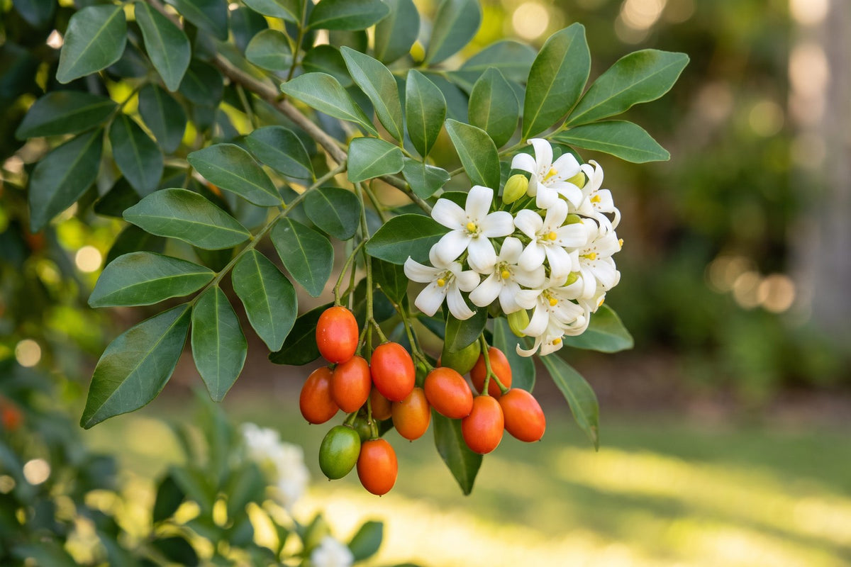 Murraya branch with white flowers and small orange-red berries among glossy leaves