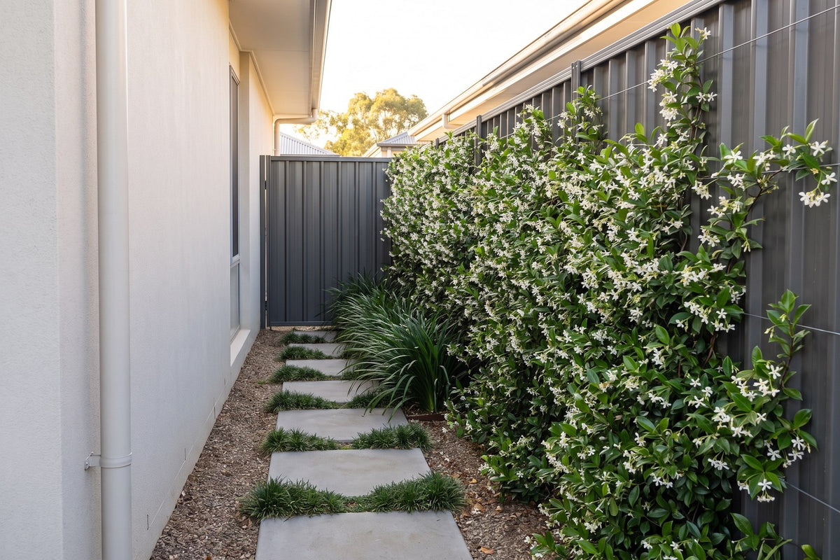 Narrow side passage with star jasmine on the fence, dwarf mondo between pavers and liriope beyond