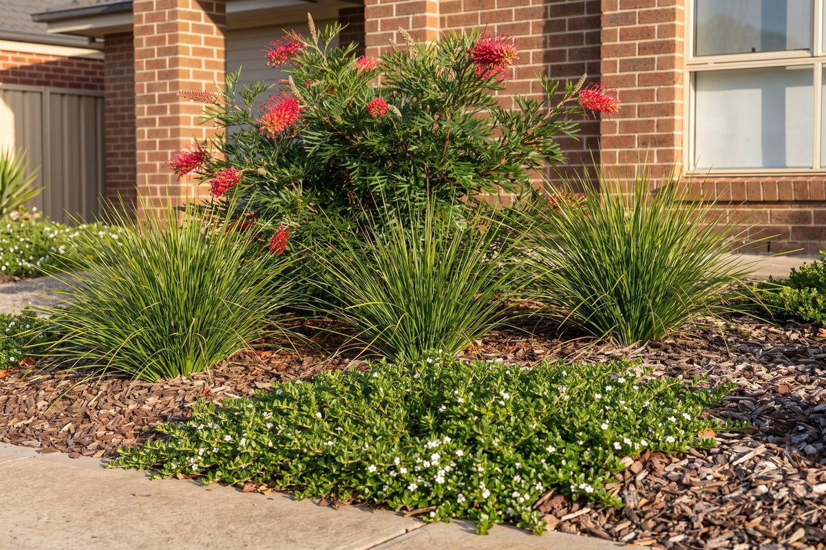 Native garden bed of red Robyn Gordon grevillea, Tanika lomandra and creeping boobialla