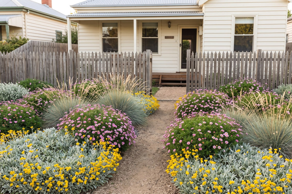 Native meadow front garden of yellow buttons, cut leaf daisies and tussock grass at a weatherboard cottage