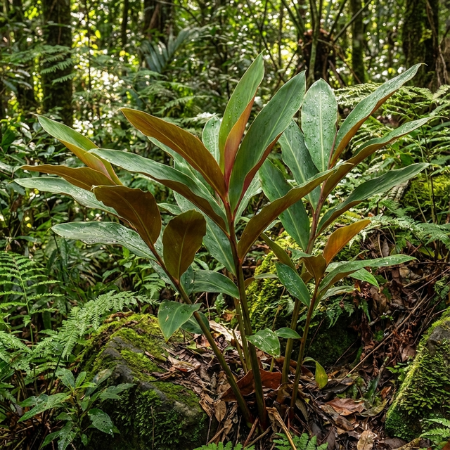 The Red Back Ginger (Alpinia caerulea) is an Australian native shade-loving plant with reddish stems, ideal for growing among ferns and moss in lush, dense forests.