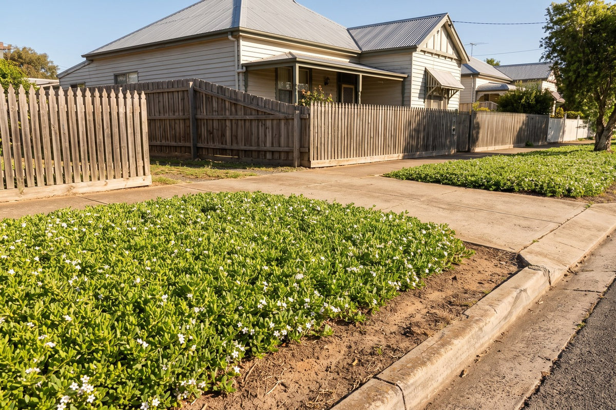 Nature strip covered in creeping boobialla groundcover with white flowers beside a suburban street
