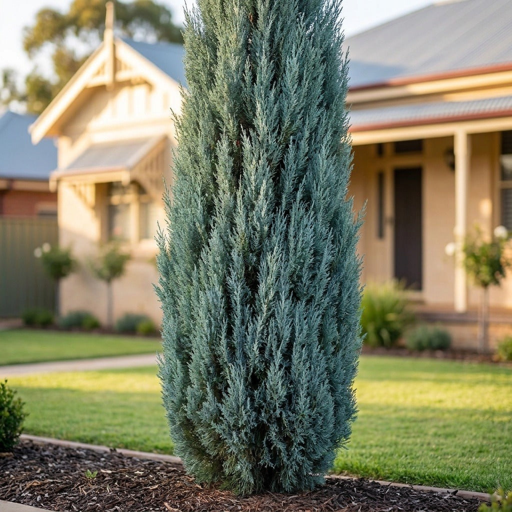 Naylors Blue Leyland Cypress (Cuprocyparis leylandii 'Naylors Blue') growing in a mulched garden bed in front of an Australian home