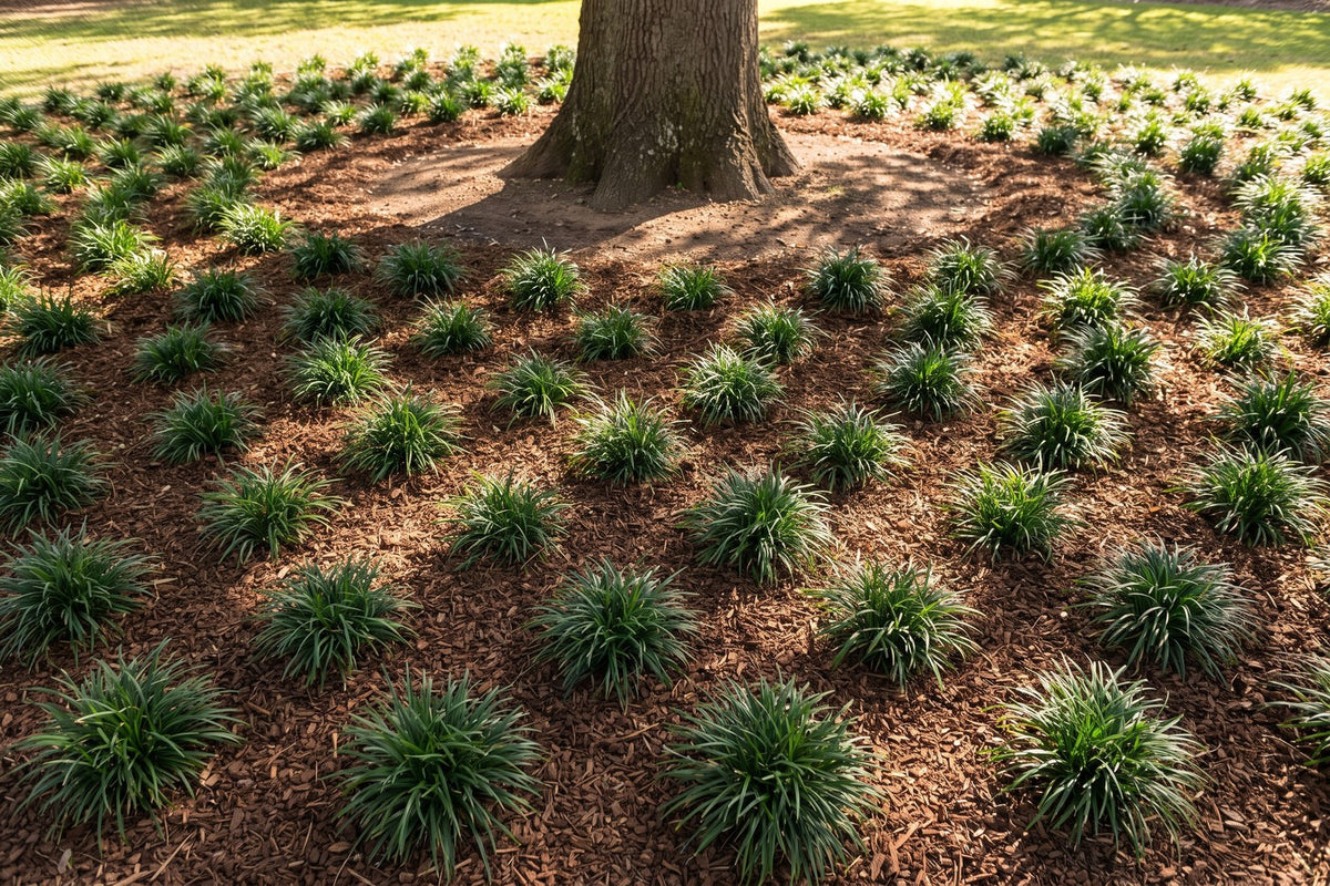 Newly planted mondo grass in a close grid with bark mulch beneath a tree