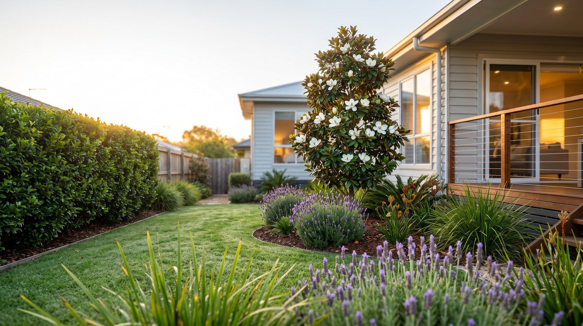 A layered Australian garden with a clipped hedge, magnolia and lavender
