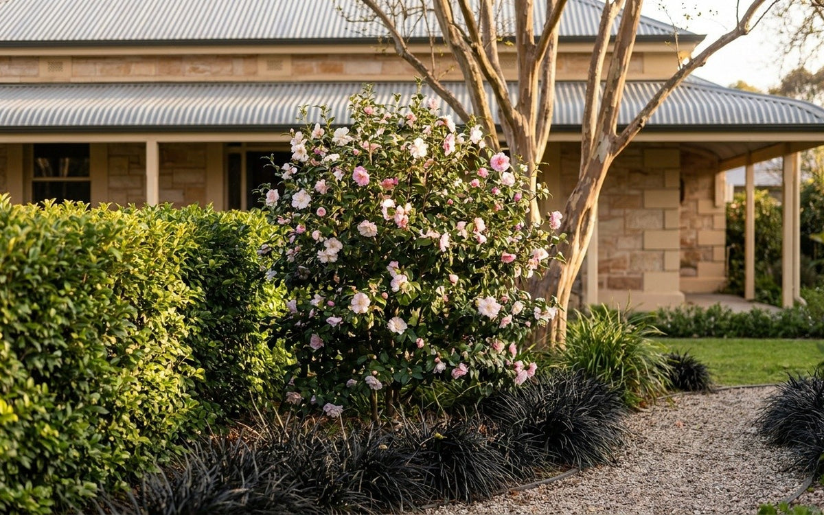 An Adelaide garden with a pittosporum hedge, camellia and black mondo grass