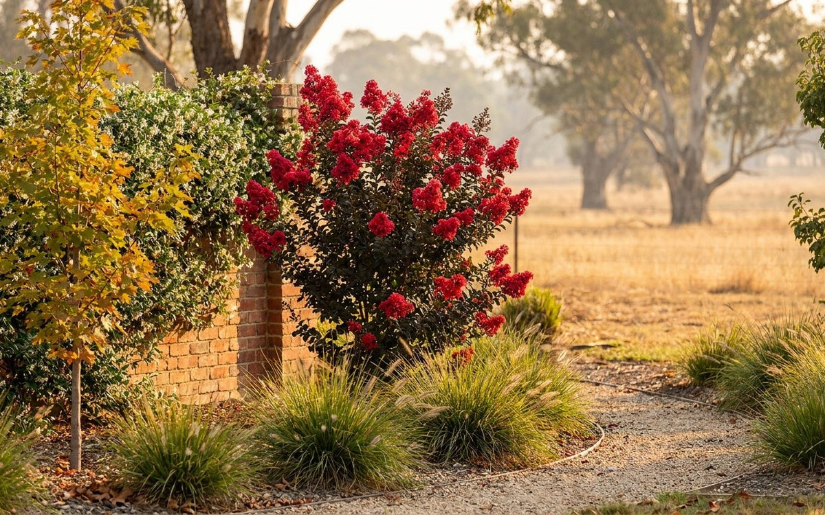An Albury Wodonga garden with a crepe myrtle, a maple and star jasmine