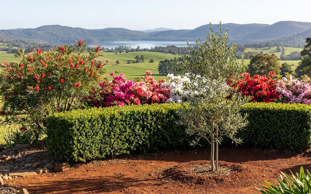 An Atherton Tablelands garden with azaleas, a grevillea and a young olive tree