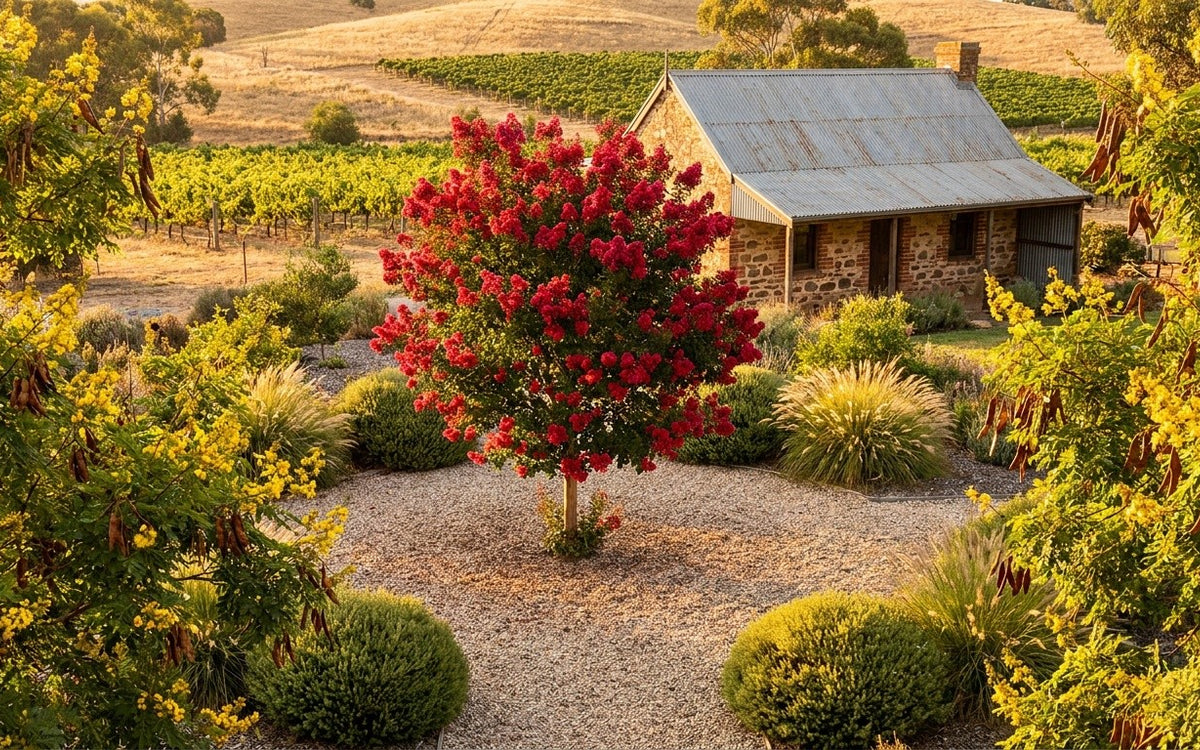 A Barossa garden with a crepe myrtle, a golden rain tree and cushion bush