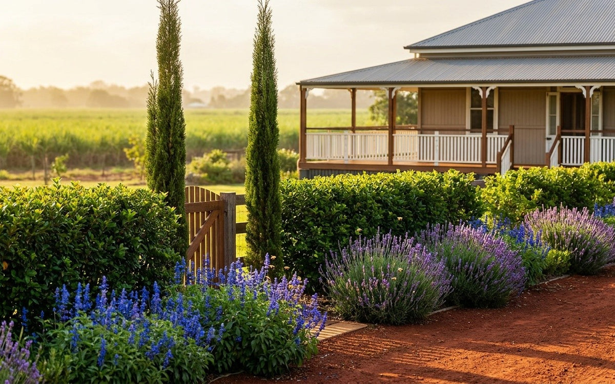 A Bundaberg garden with lilly pilly, pencil pines, salvia and lavender
