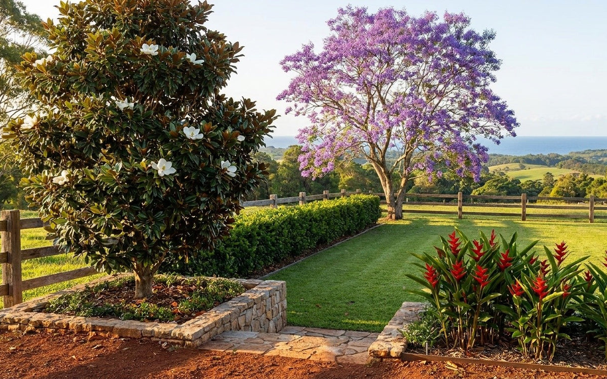 A Byron hinterland garden with a lilly pilly hedge, a jacaranda and heliconias