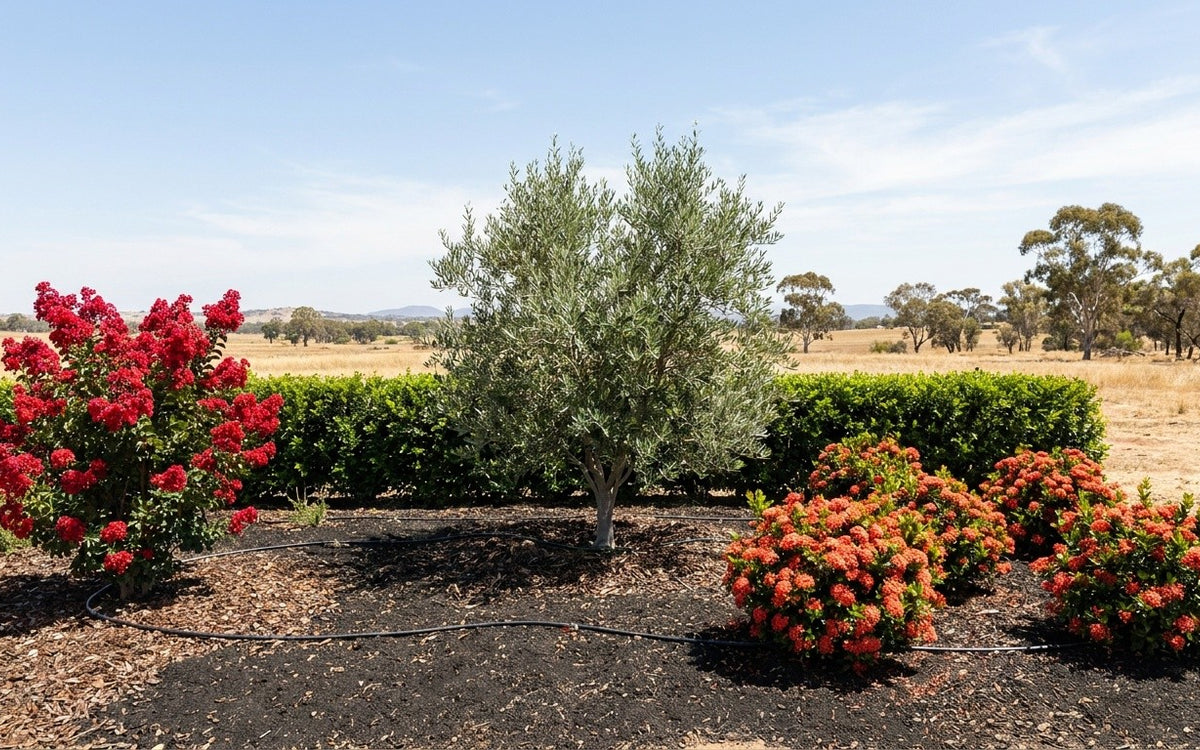 An Emerald garden with a murraya hedge, ixora, an olive and a crepe myrtle