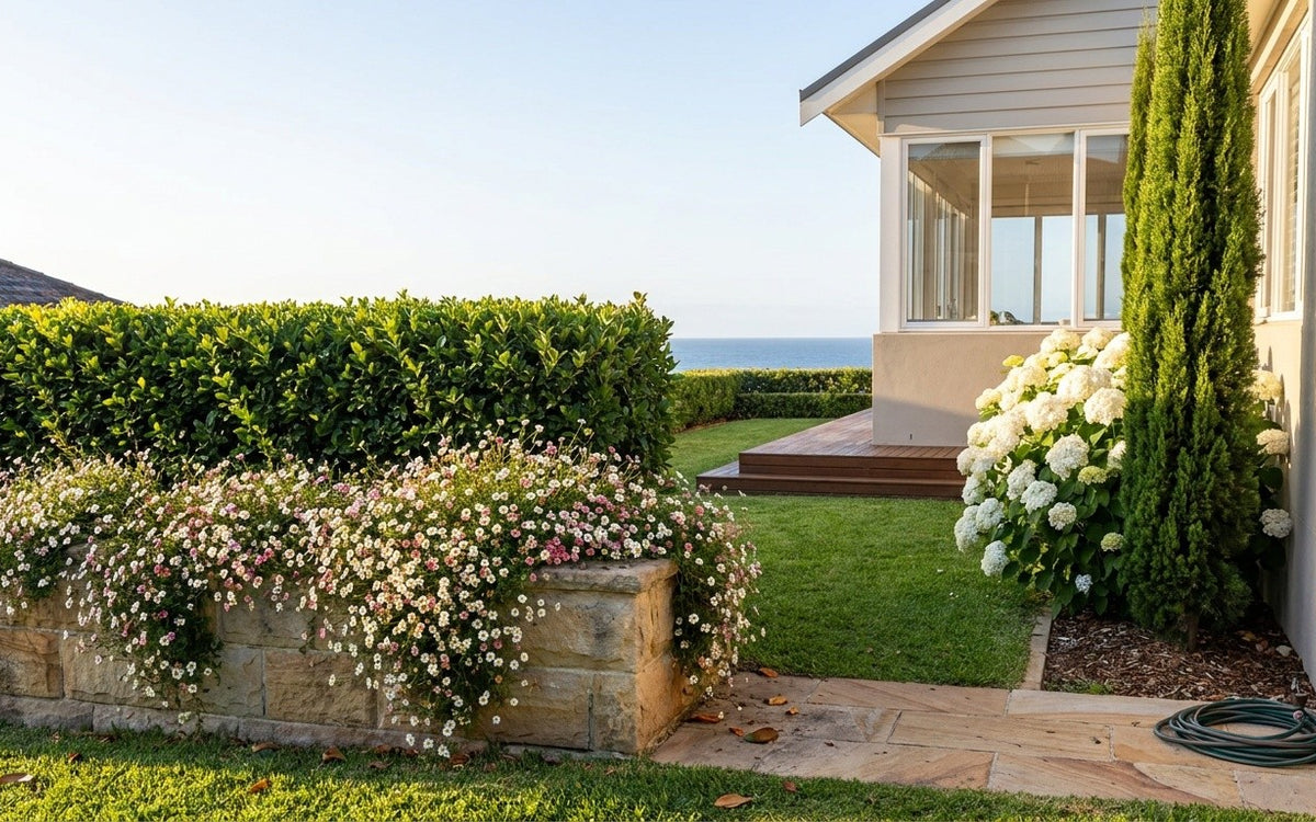 An Eastern Suburbs garden with a lilly pilly hedge, seaside daisies and a cypress