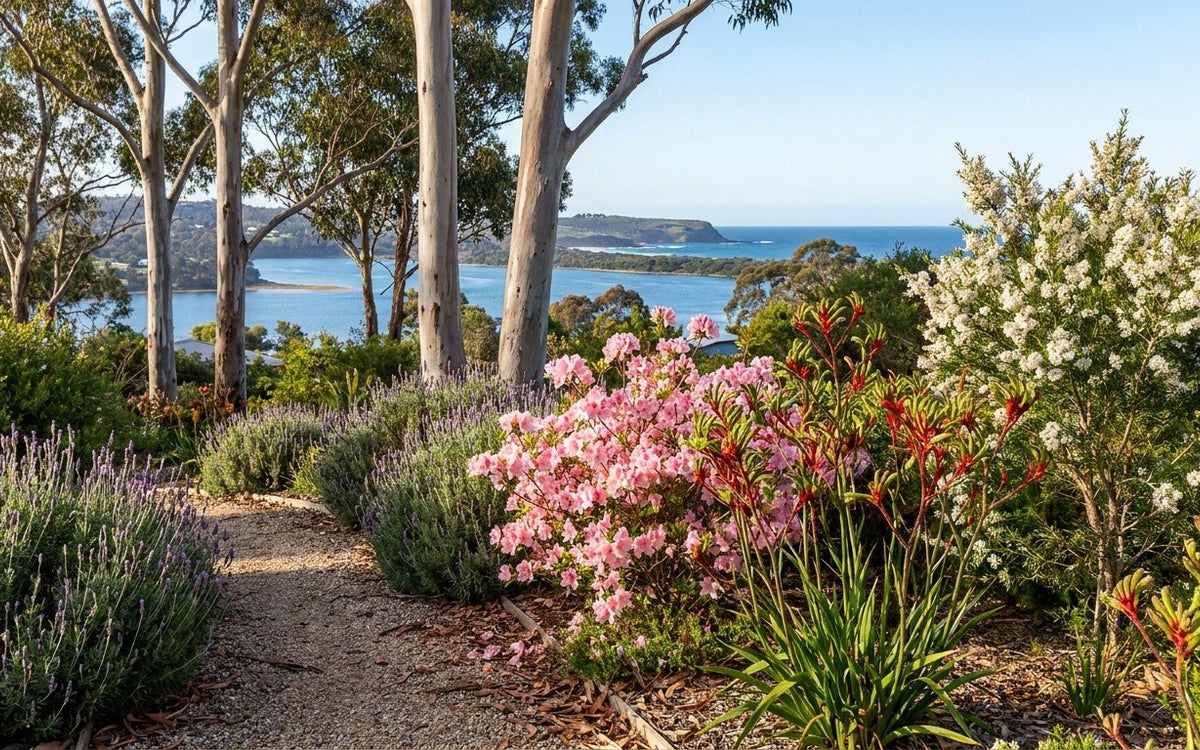 A Sapphire Coast garden with azaleas, lavender, kangaroo paws and a tea tree