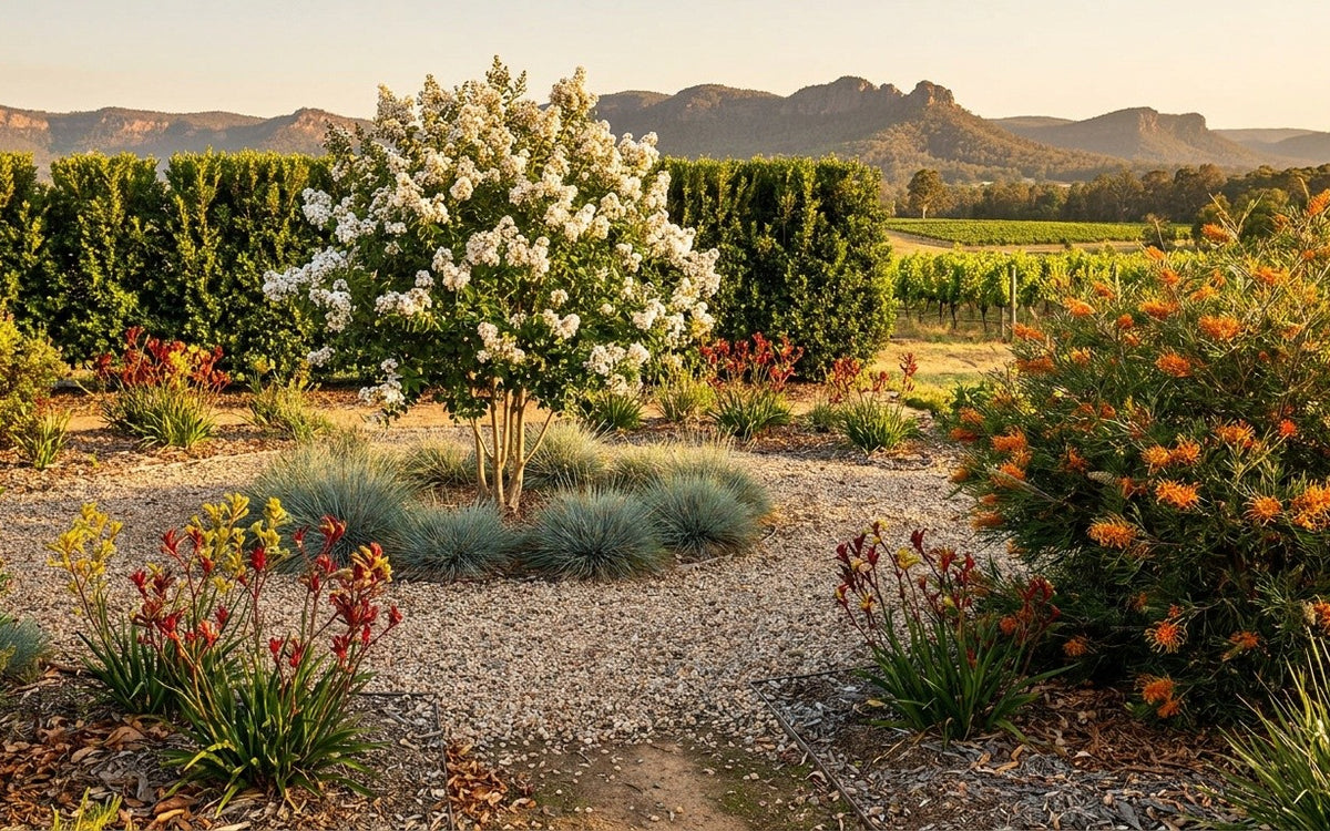 A Hunter Valley garden with a crepe myrtle, grevillea, kangaroo paws and vines behind