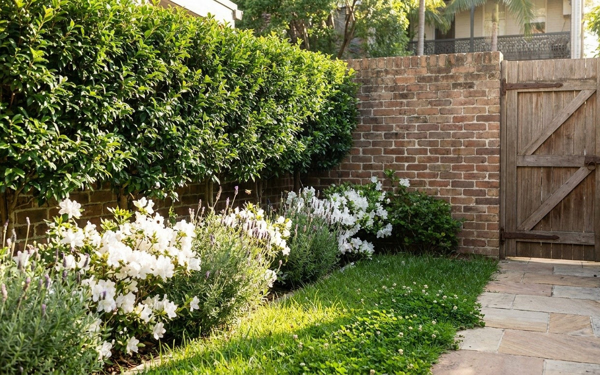 An Inner West courtyard garden with a narrow lilly pilly screen, azaleas and lavender