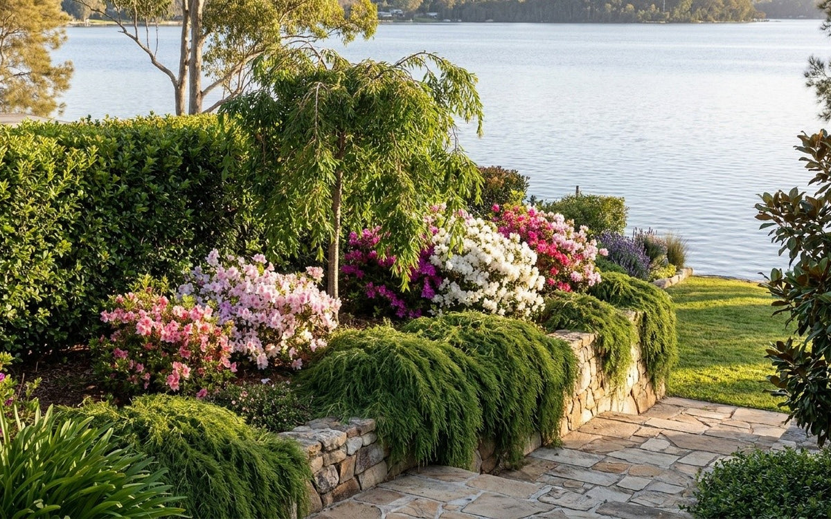 A Lake Macquarie garden with lilly pilly hedging, azaleas and the lake behind