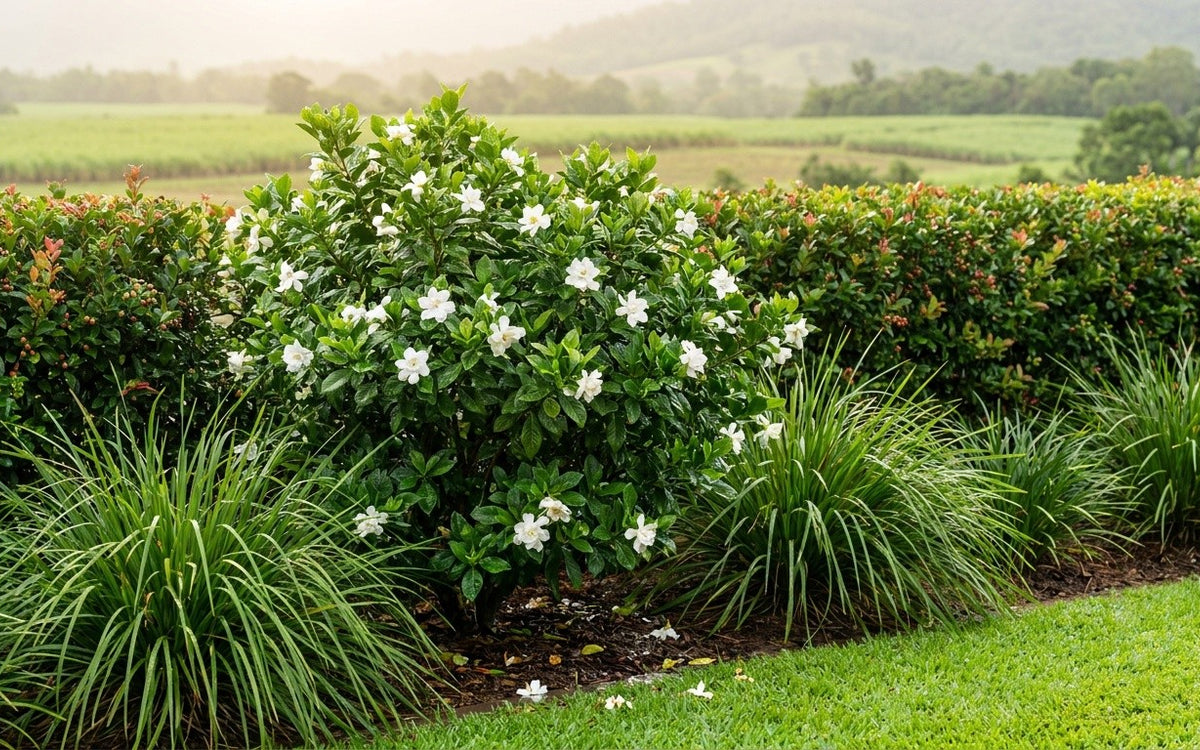 A Mackay tropical garden with lilly pilly, lomandra and gardenia