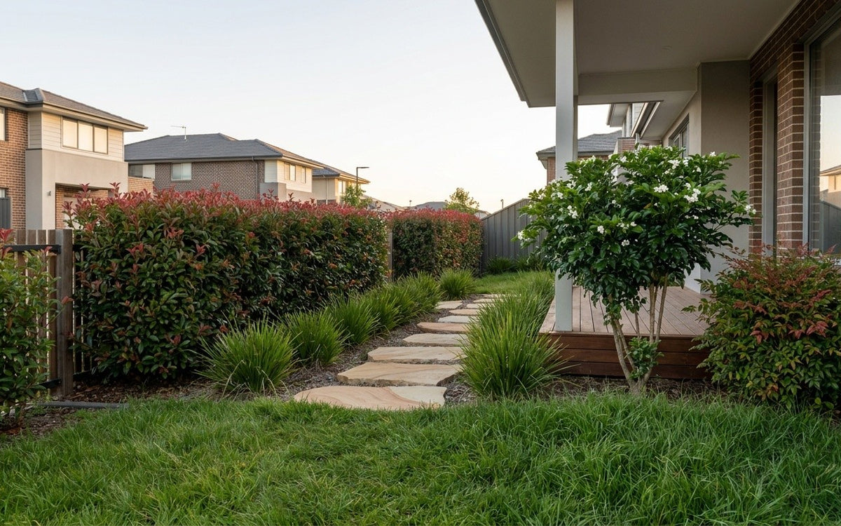 A south-east Melbourne garden with a photinia hedge, lomandra and nandina