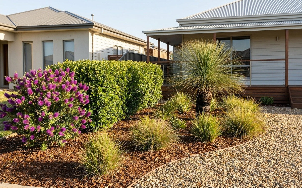 A western Melbourne garden with a lilly pilly hedge, a bottlebrush and a grass tree