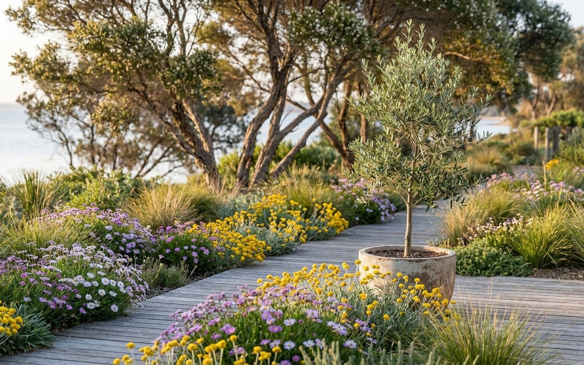 A Mornington Peninsula garden with native daisies, tussock grass and an olive tree