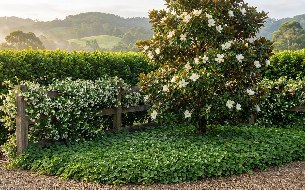 A Noosa garden with a lilly pilly hedge, star jasmine and a native gardenia