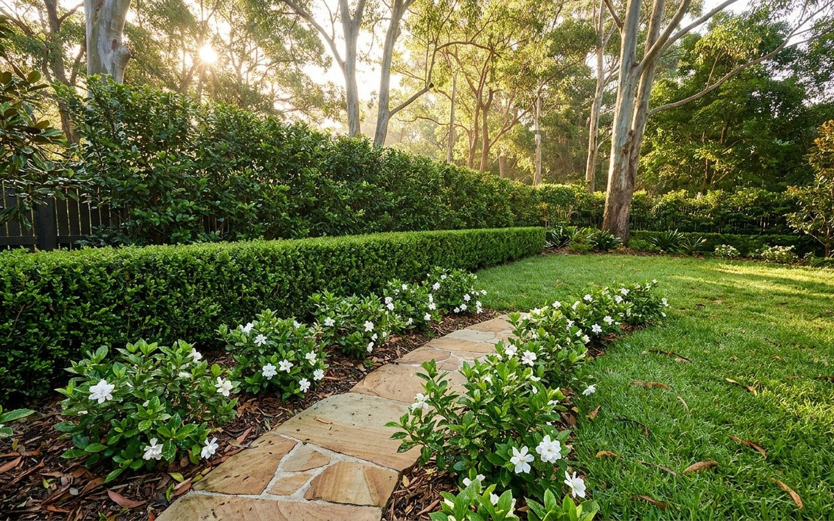 A North Shore garden with a lilly pilly hedge, viburnum and gardenias under gums