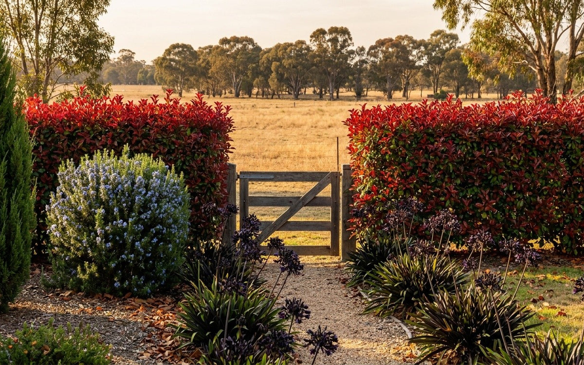 A Riverina garden with a photinia hedge, agapanthus, rosemary and a juniper