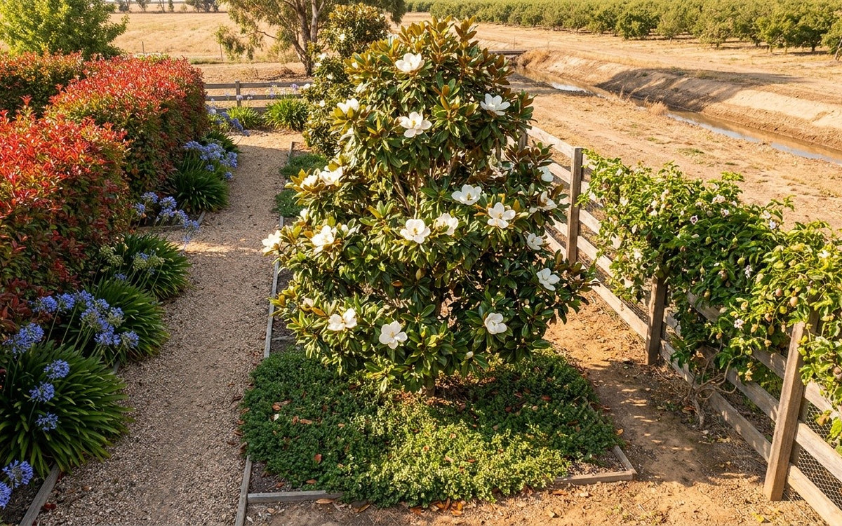 A Shepparton garden with a magnolia, a passionfruit vine and a photinia hedge