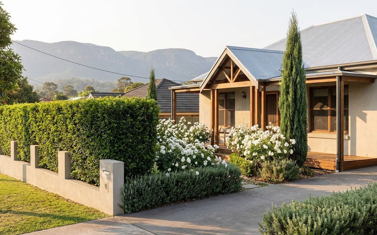 A Western Sydney garden with a viburnum hedge, iceberg roses and a pencil pine