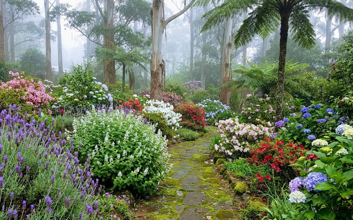 A Dandenong Ranges garden with azaleas, hydrangeas and lavender under tall trees