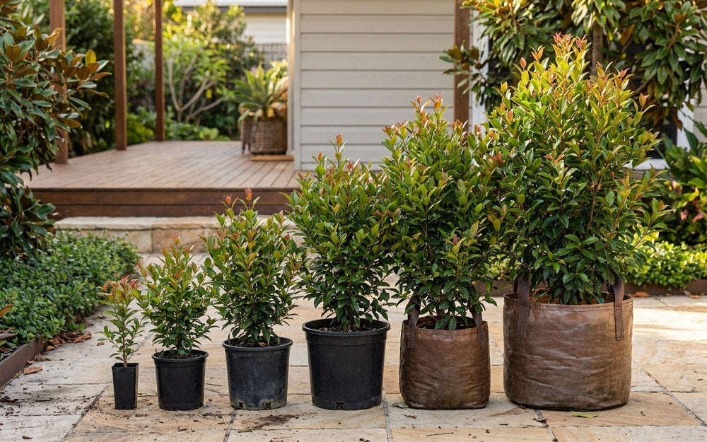 The same plant in six pot sizes lined up from tube to advanced bag