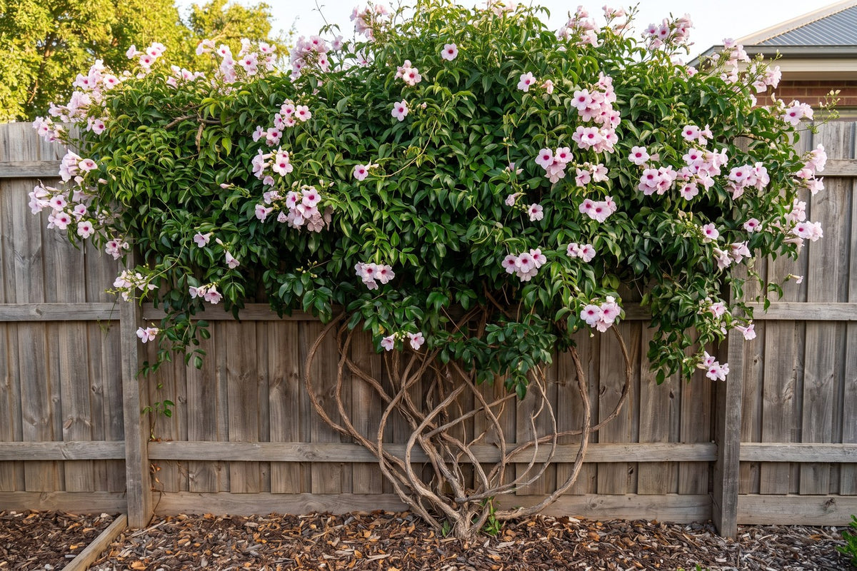 Old bower vine with bare woody stems at the base and all its foliage and flowers at the top of the fence