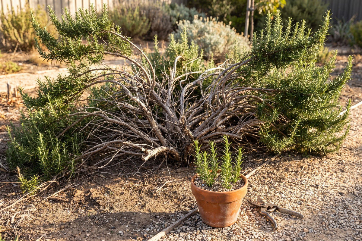 Old woody rosemary bush with a bare centre and a pot of fresh cuttings taken from it