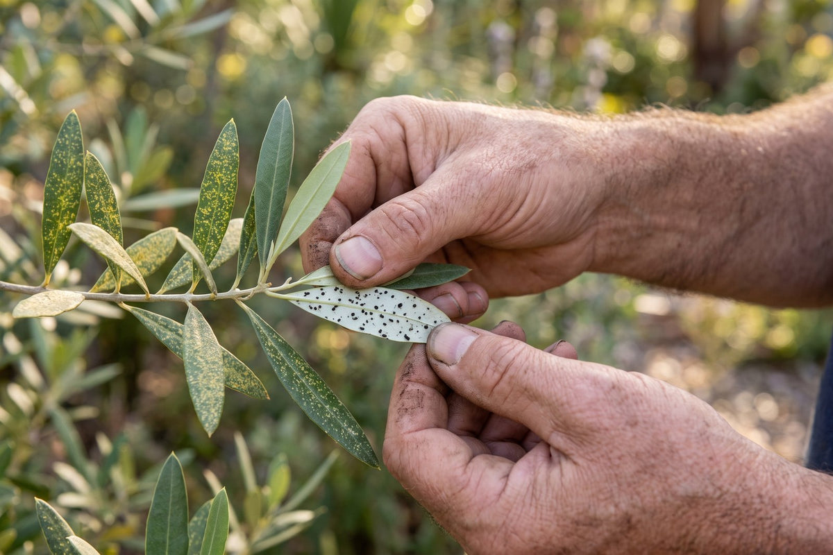 Olive leaves speckled yellow by lace bug, one turned over to show black spots underneath