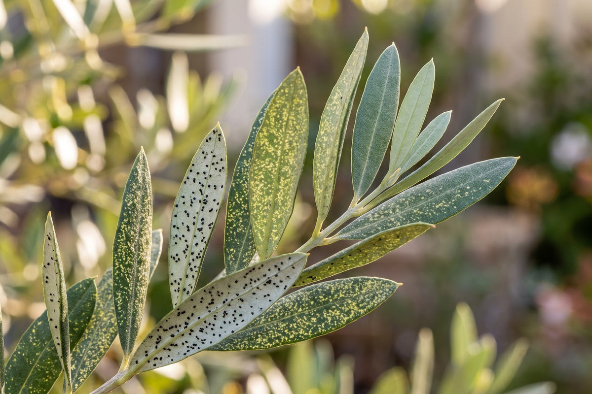 Olive leaves with yellow stippling and black specks underneath from olive lace bug