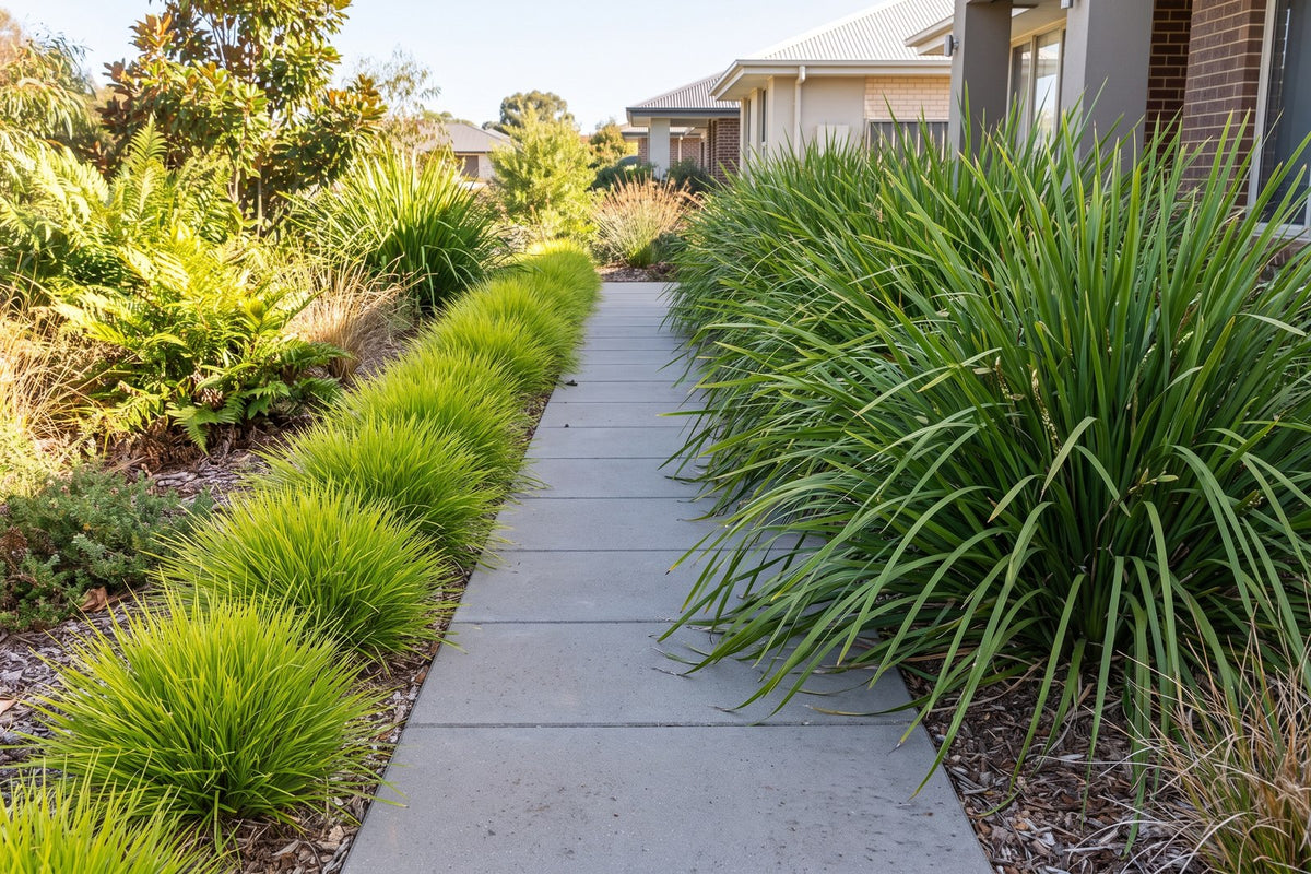 Path edged with compact Lime Tuff lomandra on one side and large long leaf lomandra flopping over the other
