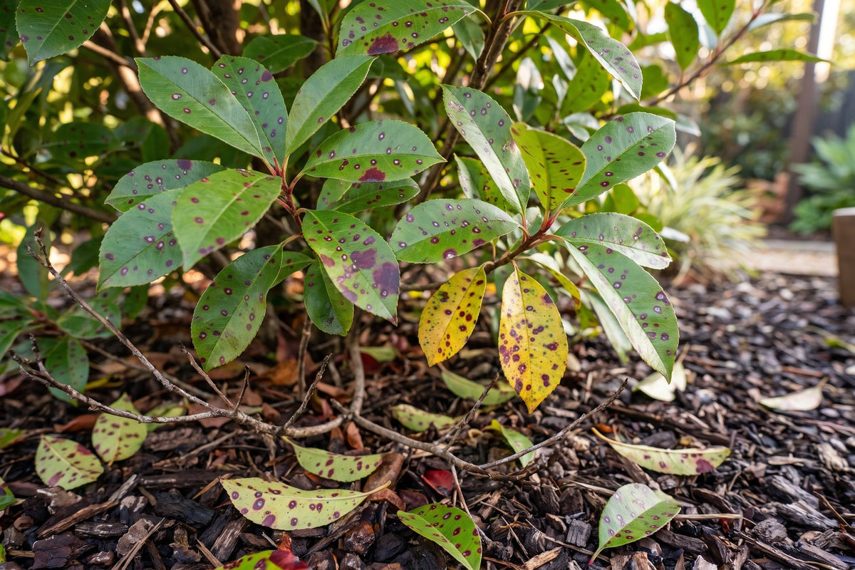 Photinia leaves covered in small red-purple spots, with yellowing and leaf drop below