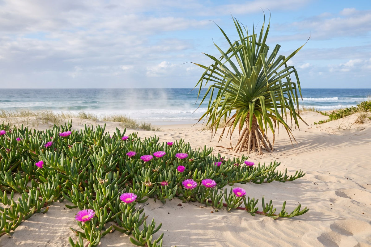 Pigface in flower and a young coastal screw pine on dune sand at a beachfront garden edge