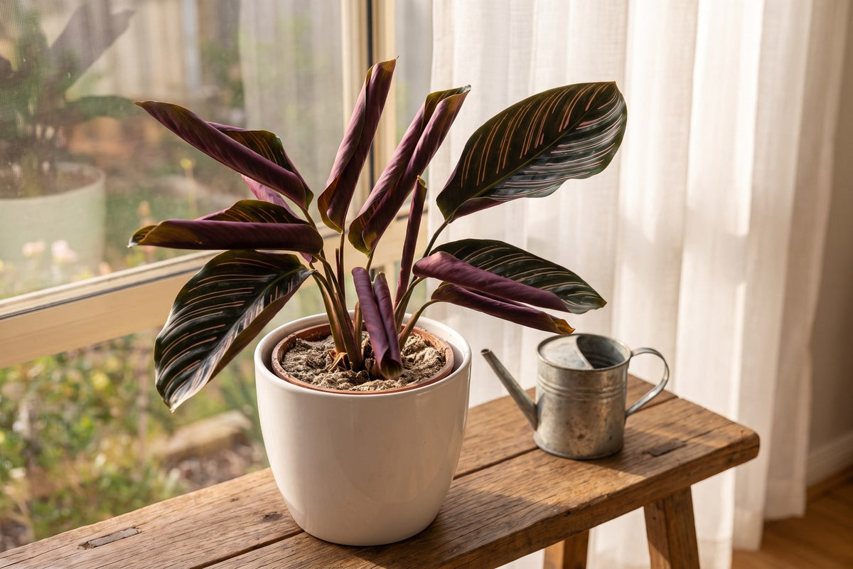 Pin Stripe Calathea with its leaves rolled into tight tubes from thirst, beside a watering can