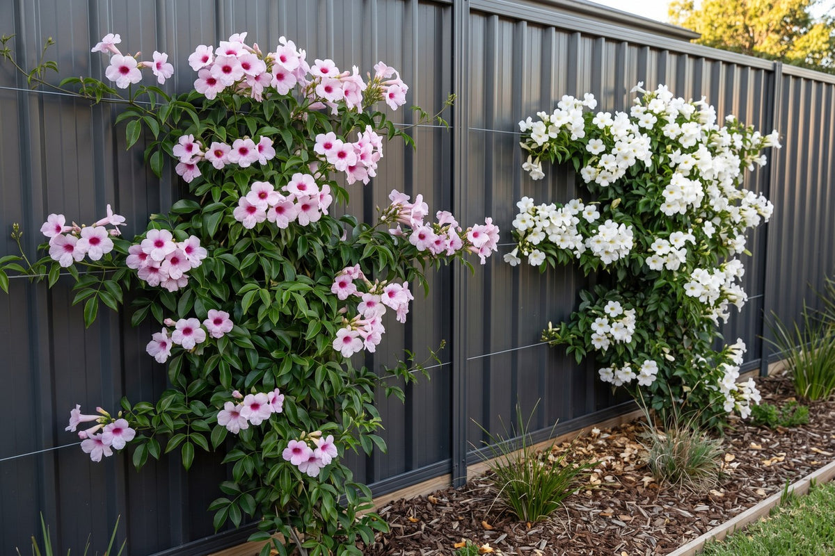 Pink bower vine with crimson-throated flowers beside white Alba bower vine on a dark fence