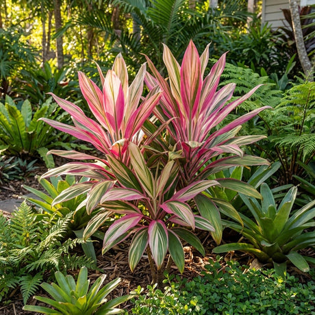 Cordyline Pink Champion with pink and green striped leaves in a subtropical garden bed