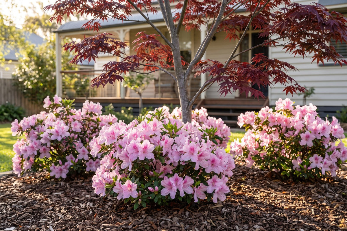 Pink Exquisite azaleas flowering in dappled light under a burgundy Japanese maple