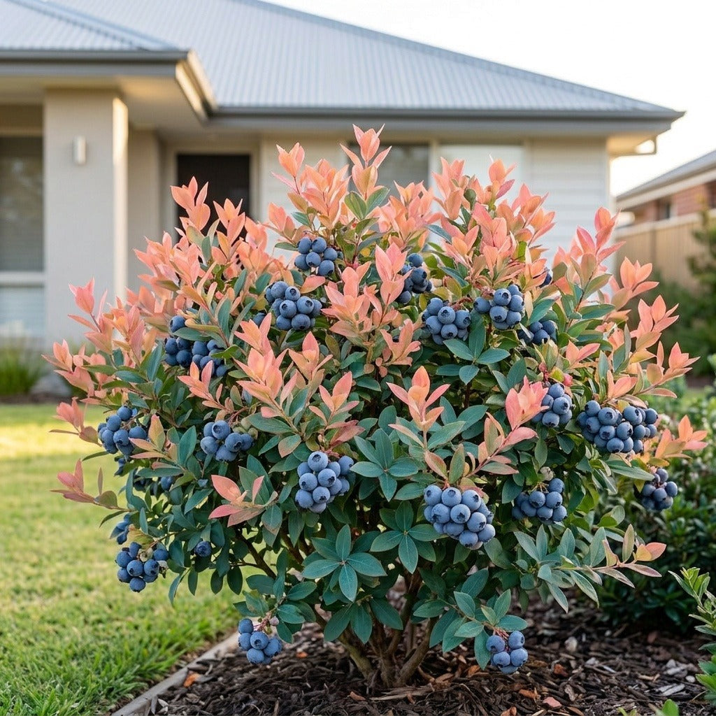 Pink Icing Blueberry (Vaccinium corymbosum 'Pink Icing') growing in a mulched garden bed in front of an Australian home