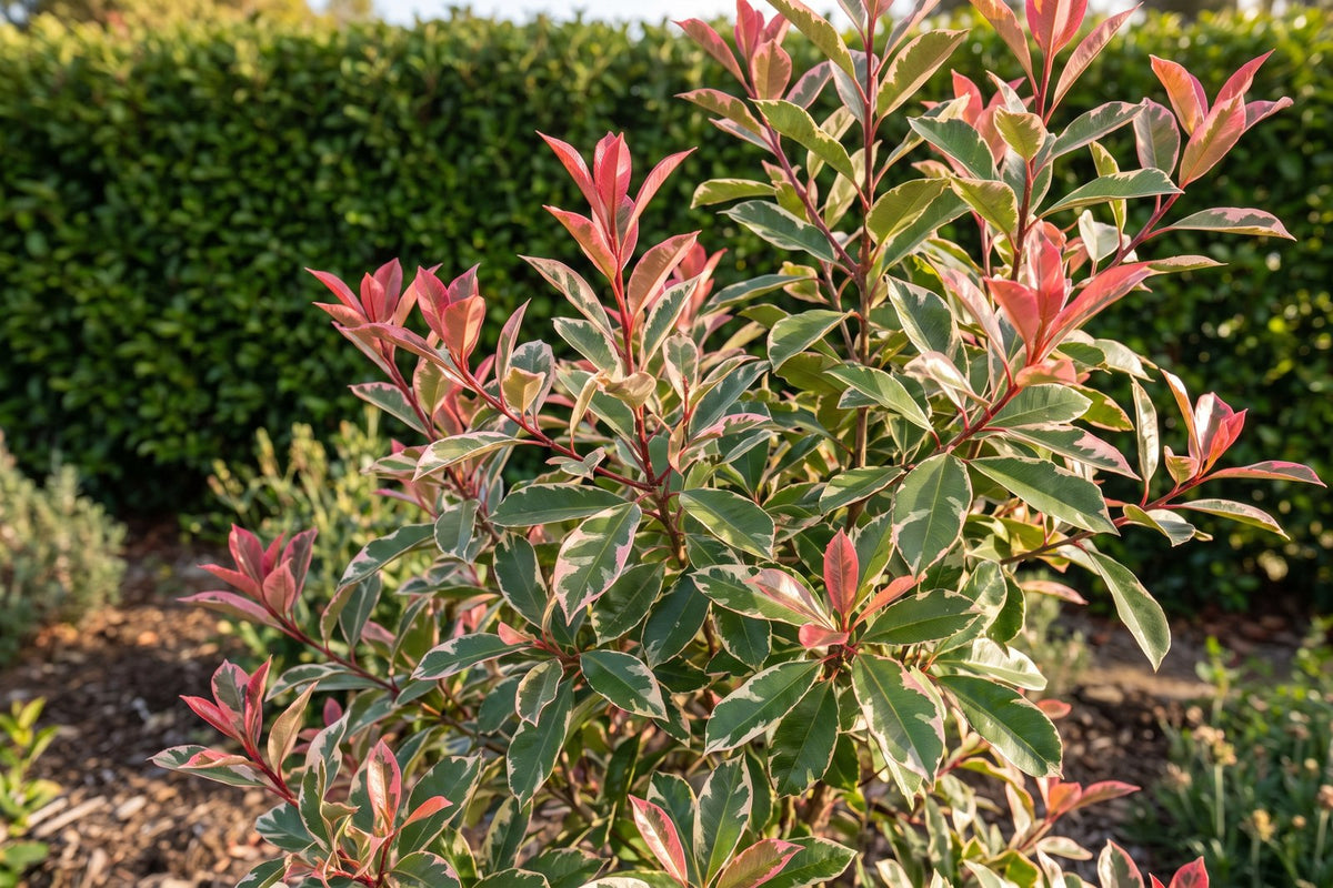Pink Marble photinia with cream and pink variegated leaves and red new growth